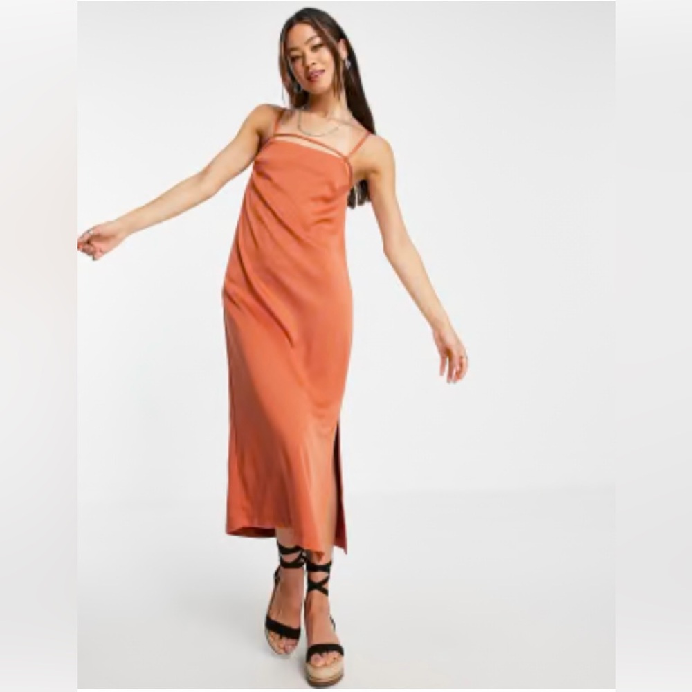 Topshop Strappy Front Midi Satin Slip Dress Size 4 Rust Color